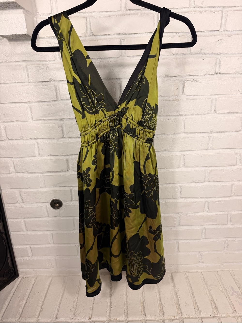 Hale Bob Silk Blend Green Black Floral Sleeveless Empire Waist Dress XS